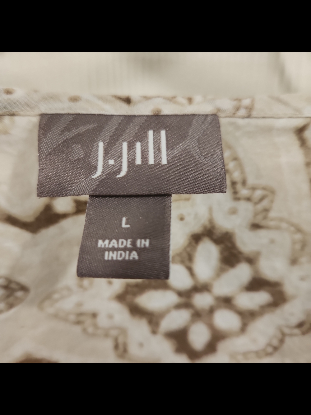 J. Jill Cream Brown Medallion Print Tassel Tie Pintuck Cotton Tunic Blouse Large - Picture 2 of 7